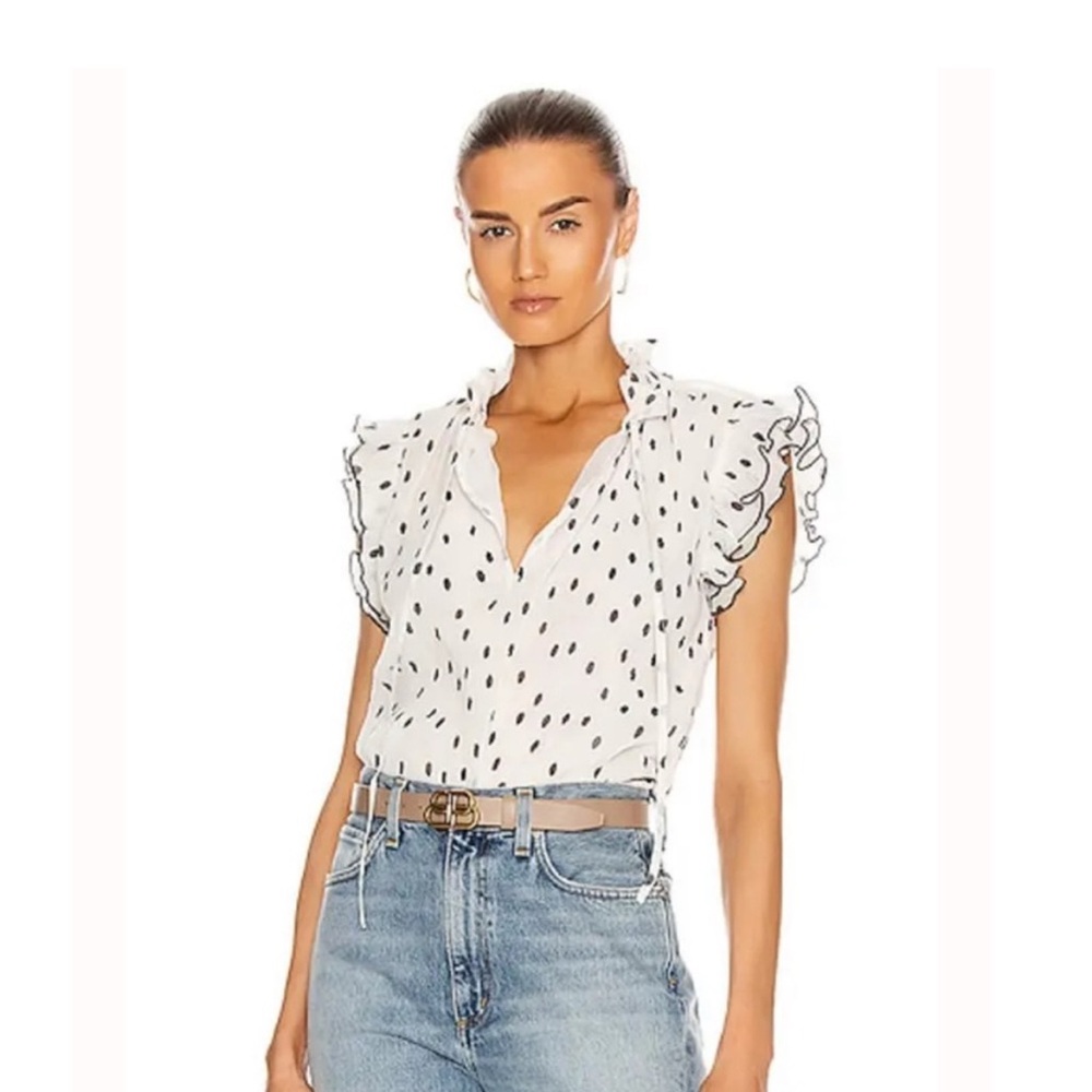 Ganni White Black Flutter Sleeve Crop Blouse